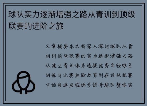 球队实力逐渐增强之路从青训到顶级联赛的进阶之旅