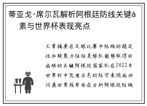 蒂亚戈·席尔瓦解析阿根廷防线关键因素与世界杯表现亮点