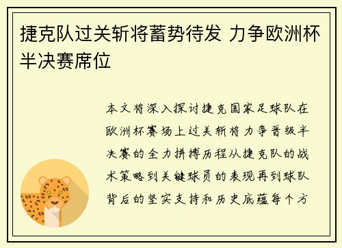 捷克队过关斩将蓄势待发 力争欧洲杯半决赛席位