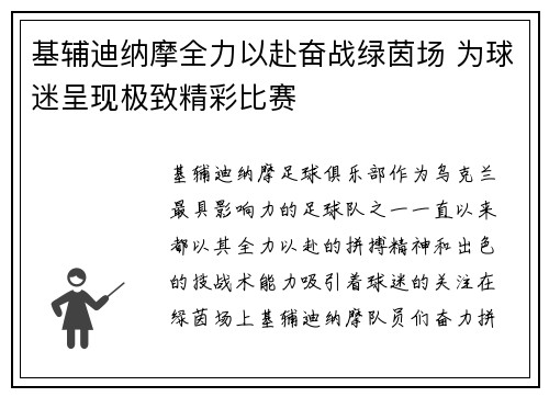 基辅迪纳摩全力以赴奋战绿茵场 为球迷呈现极致精彩比赛