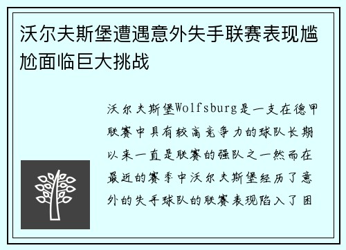 沃尔夫斯堡遭遇意外失手联赛表现尴尬面临巨大挑战