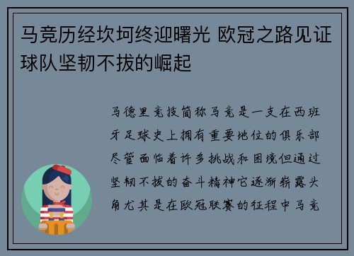 马竞历经坎坷终迎曙光 欧冠之路见证球队坚韧不拔的崛起